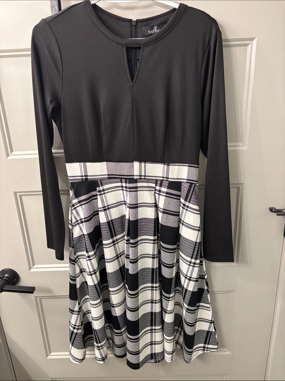 Vathje Black & White Plaid Midi Fit-and-Flare Dress